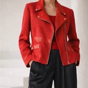 Red Tweed and Patient Moto Women's Blazer with Leather Accents